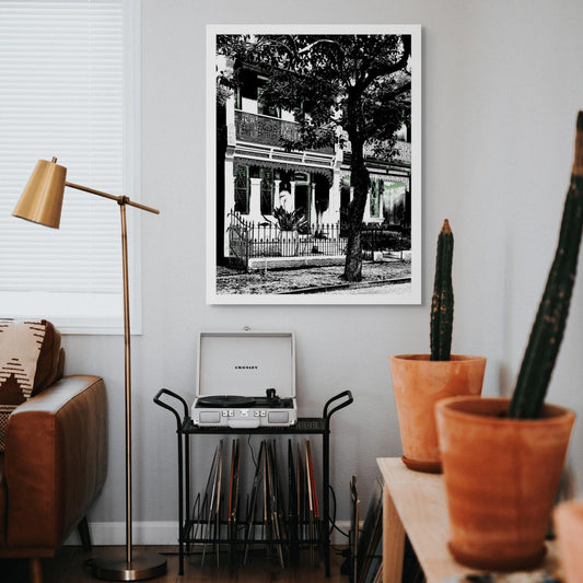 POPscape Sydney - Darlinghurst - Terrace House - 8155v18 - Room View, Black and white stylised image of a heritage terrace house in Darlinghurst with ornate ironwork, trees, and deep architectural shadows. Monochrome Pop Art aesthetic.
