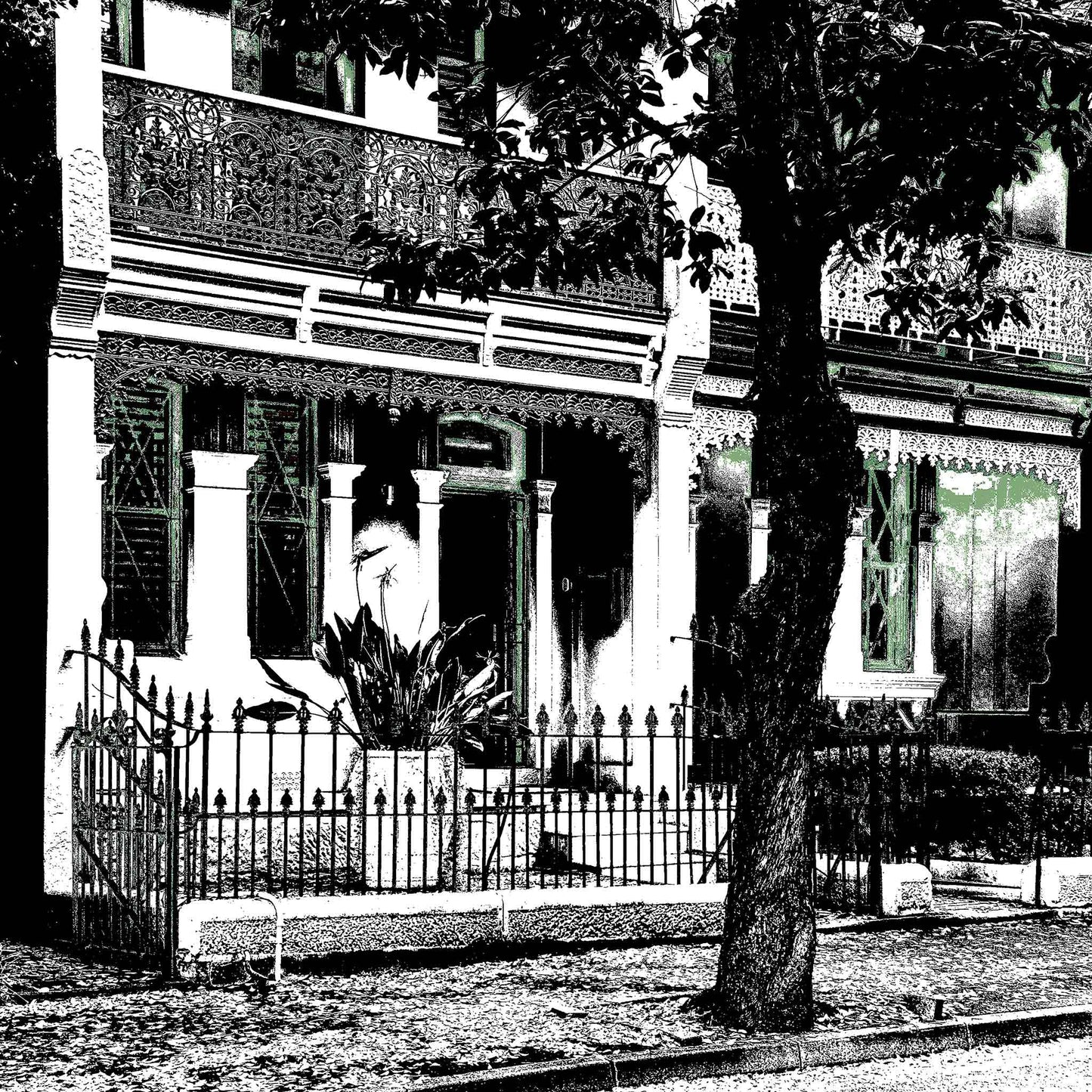 POPscape Sydney - Darlinghurst - Terrace House - 8155v18 - Close Detail View, Black and white stylised image of a heritage terrace house in Darlinghurst with ornate ironwork, trees, and deep architectural shadows. Monochrome Pop Art aesthetic.