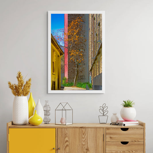 POPscape Sydney - Darlinghurst - Tree Laneway - 1906025v20 - Room View, Stylised image of a golden-leaved tree in a narrow laneway between yellow, red, and brick buildings in Darlinghurst, Sydney. Warm-toned Pop Art treatment with strong urban contrast.
