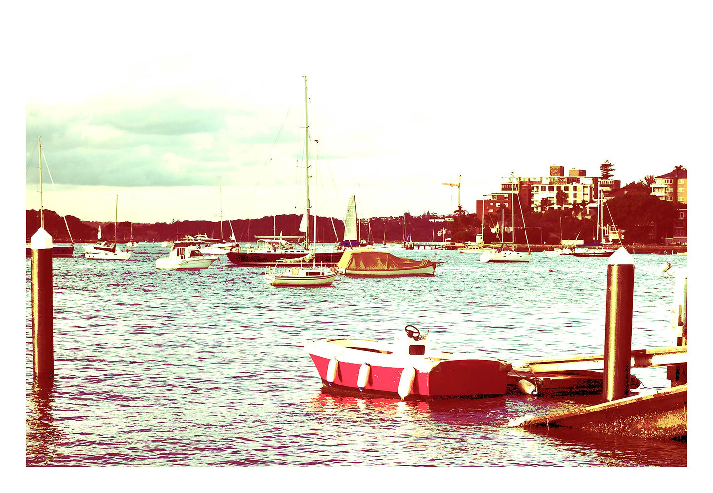 POPscape Sydney - Elizabeth Bay - Boats - 369O4316-4v41a - 104x74cm, Stylised image of boats in Elizabeth Bay marina with a vivid pink dinghy in the foreground. Warm-toned Pop Art treatment with playful pastel colour contrasts.