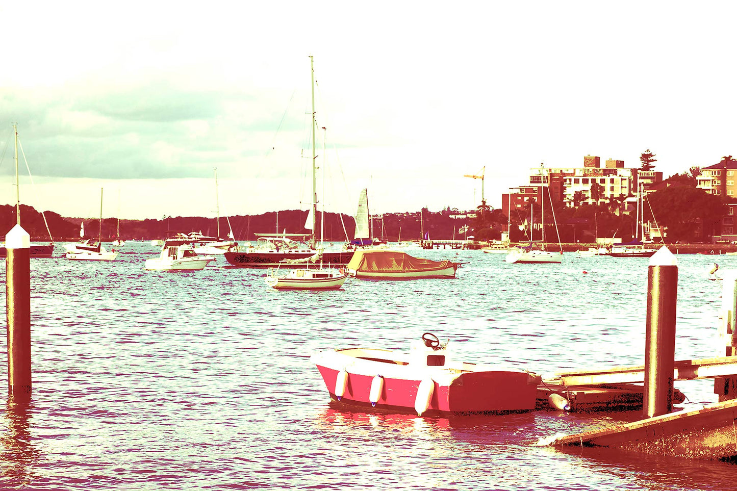 POPscape Sydney - Elizabeth Bay - Boats - 369O4316-4v41a - 90x60cm, Stylised image of boats in Elizabeth Bay marina with a vivid pink dinghy in the foreground. Warm-toned Pop Art treatment with playful pastel colour contrasts.