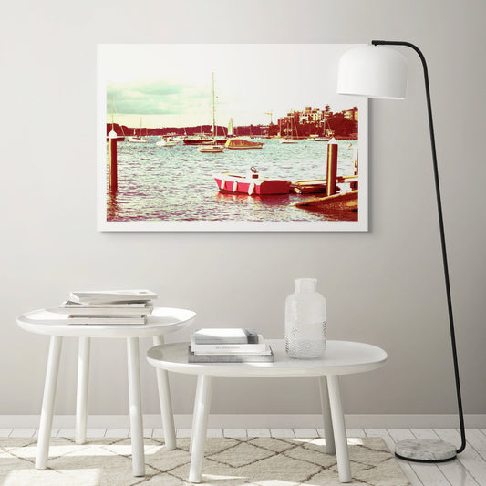 POPscape Sydney - Elizabeth Bay - Boats - 369O4316-4v41a - Room View, Stylised image of boats in Elizabeth Bay marina with a vivid pink dinghy in the foreground. Warm-toned Pop Art treatment with playful pastel colour contrasts.