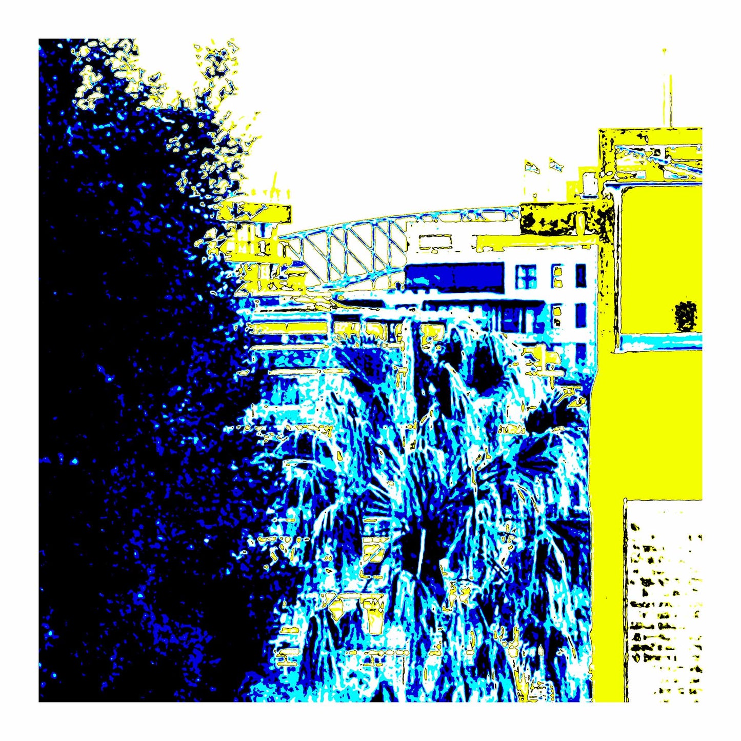 POPscape Sydney - Elizabeth Bay - Harbour Bridge Palm View - 5438v9 - 74x74cm, Stylised image of Sydney Harbour Bridge seen through palm trees and apartment buildings in Elizabeth Bay. Bold yellow, blue, and black tones with graphic Pop Art treatment.