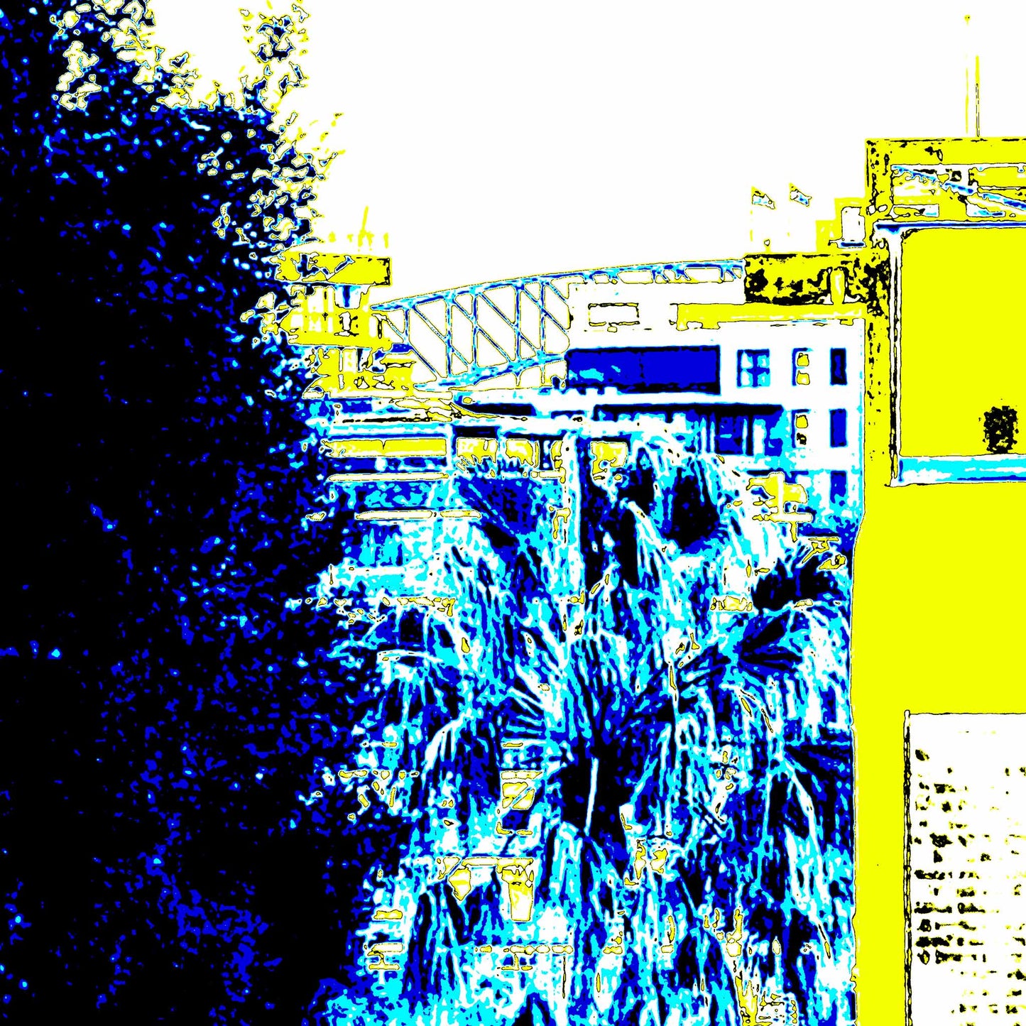 POPscape Sydney - Elizabeth Bay - Harbour Bridge Palm View - 5438v9 - 60x60cm, Stylised image of Sydney Harbour Bridge seen through palm trees and apartment buildings in Elizabeth Bay. Bold yellow, blue, and black tones with graphic Pop Art treatment.