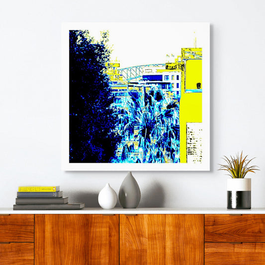 POPscape Sydney - Elizabeth Bay - Harbour Bridge Palm View - 5438v9 - Room View, Stylised image of Sydney Harbour Bridge seen through palm trees and apartment buildings in Elizabeth Bay. Bold yellow, blue, and black tones with graphic Pop Art treatment.
