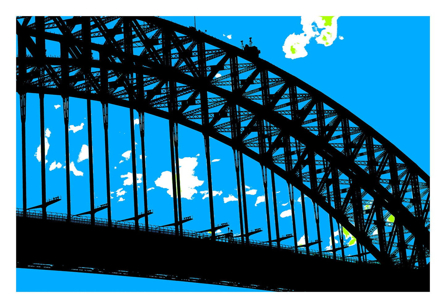 POPscape Sydney - Harbour Bridge - 19055v13 - 104x74cm, Stylised close-up view of Sydney Harbour Bridge in silhouette. Dark steel structure contrasts against a bright blue Pop Art sky, with tiny bridge climbers visible along the top.