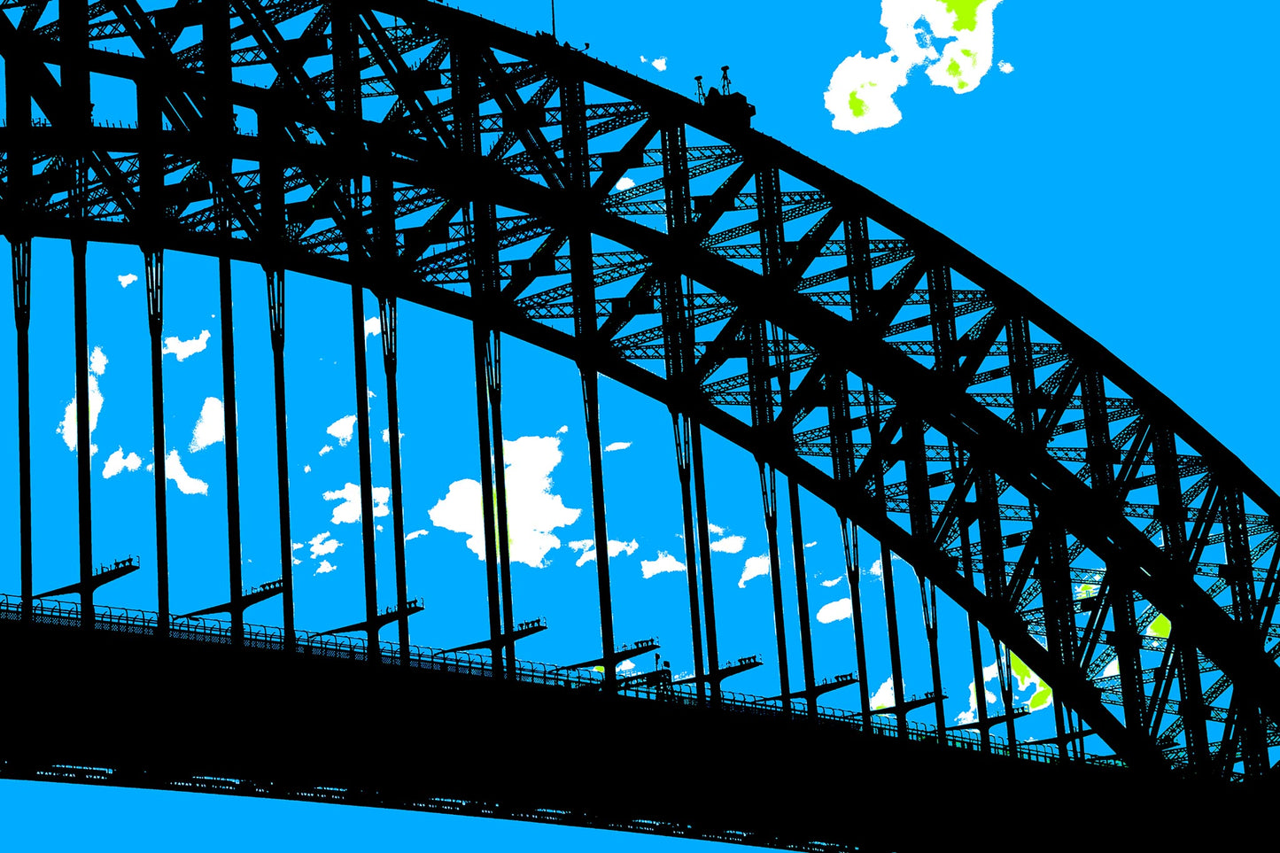 POPscape Sydney - Harbour Bridge - 19055v13 - 90x60cm, Stylised close-up view of Sydney Harbour Bridge in silhouette. Dark steel structure contrasts against a bright blue Pop Art sky, with tiny bridge climbers visible along the top.