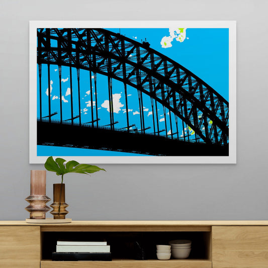 POPscape Sydney - Harbour Bridge - 19055v13 - Room View, Stylised close-up view of Sydney Harbour Bridge in silhouette. Dark steel structure contrasts against a bright blue Pop Art sky, with tiny bridge climbers visible along the top.