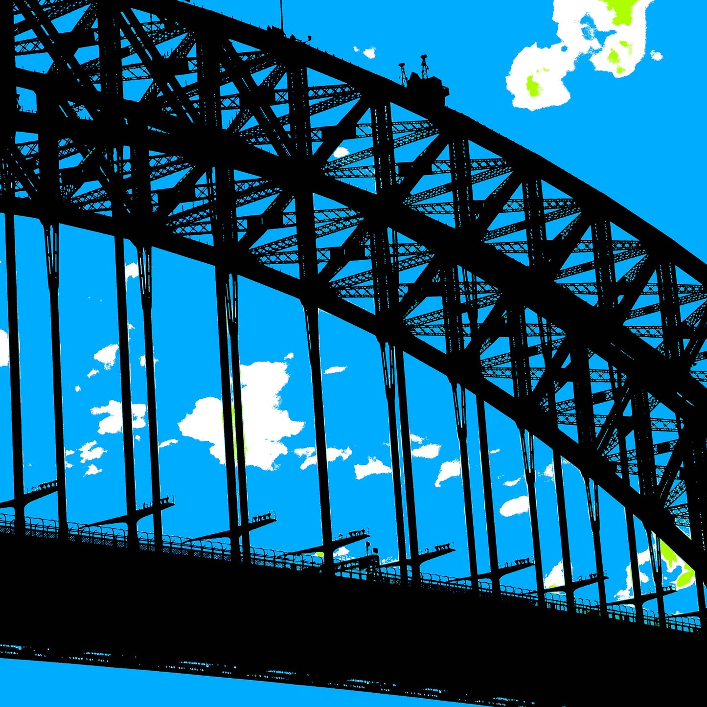 POPscape Sydney - Harbour Bridge - 19055v13 - Close Detail View, Stylised close-up view of Sydney Harbour Bridge in silhouette. Dark steel structure contrasts against a bright blue Pop Art sky, with tiny bridge climbers visible along the top.
