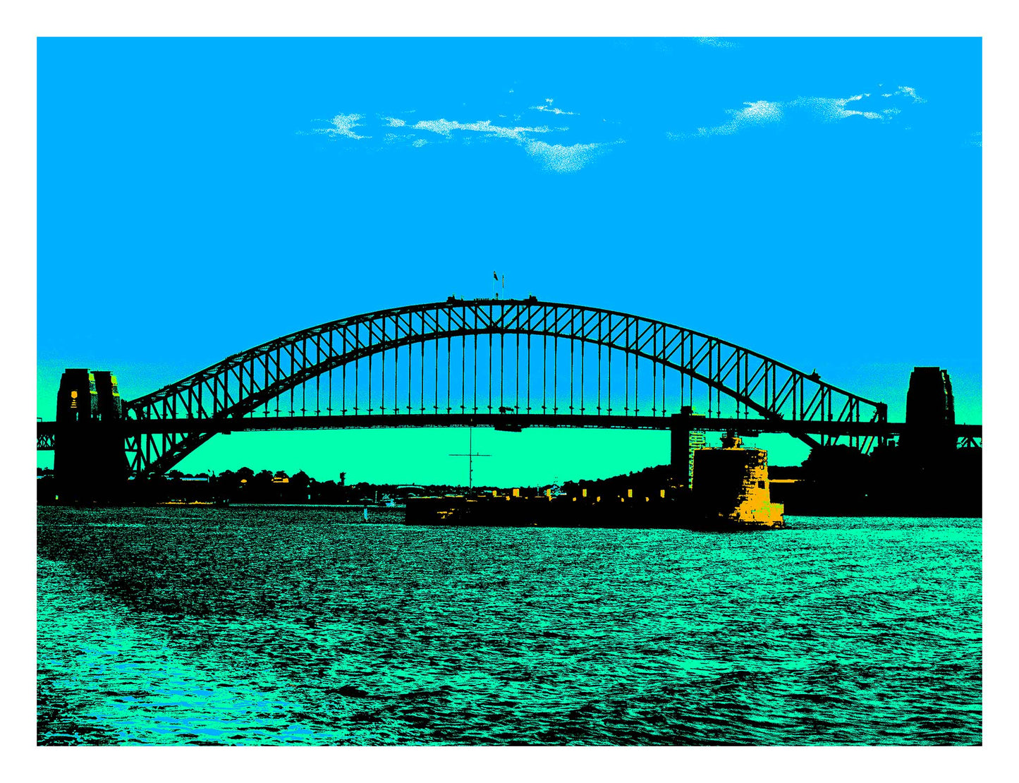 POPscape Sydney - Harbour Bridge Pinchgut Fort Denison - 3694v16a - 104x81.5cm, Stylised Pop Art image of Sydney Harbour Bridge with Fort Denison in the foreground. High-contrast tones of blue, teal, and black define the water and sky.