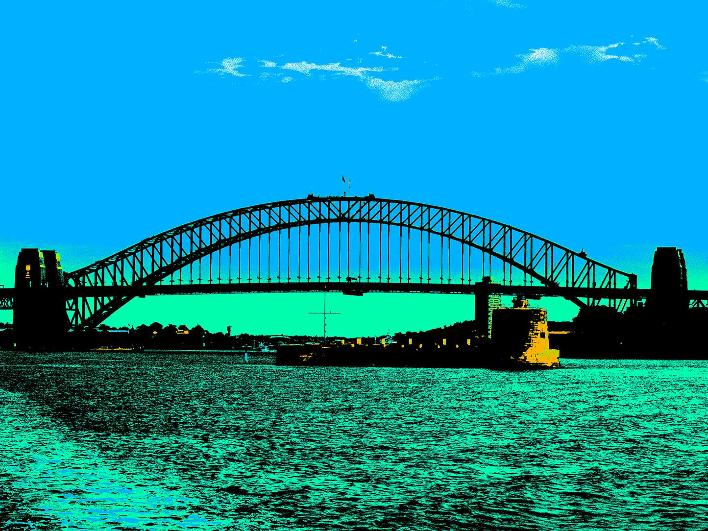 POPscape Sydney - Harbour Bridge Pinchgut Fort Denison - 3694v16a - 90x67.5cm, Stylised Pop Art image of Sydney Harbour Bridge with Fort Denison in the foreground. High-contrast tones of blue, teal, and black define the water and sky.