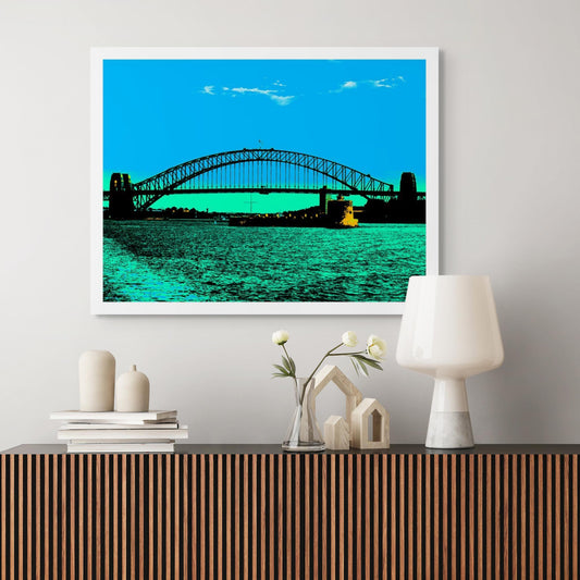 POPscape Sydney - Harbour Bridge Pinchgut Fort Denison - 3694v16a - Room View, Stylised Pop Art image of Sydney Harbour Bridge with Fort Denison in the foreground. High-contrast tones of blue, teal, and black define the water and sky.