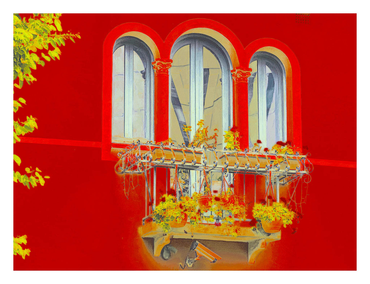 POPscape Sydney - Paddington - Boundary Street Balcony - 218154v21 - 104x81.5cm, Stylised image of a red-painted building with arched windows and an ornate iron balcony filled with yellow flowers. Bright Pop Art colour treatment with architectural detail.