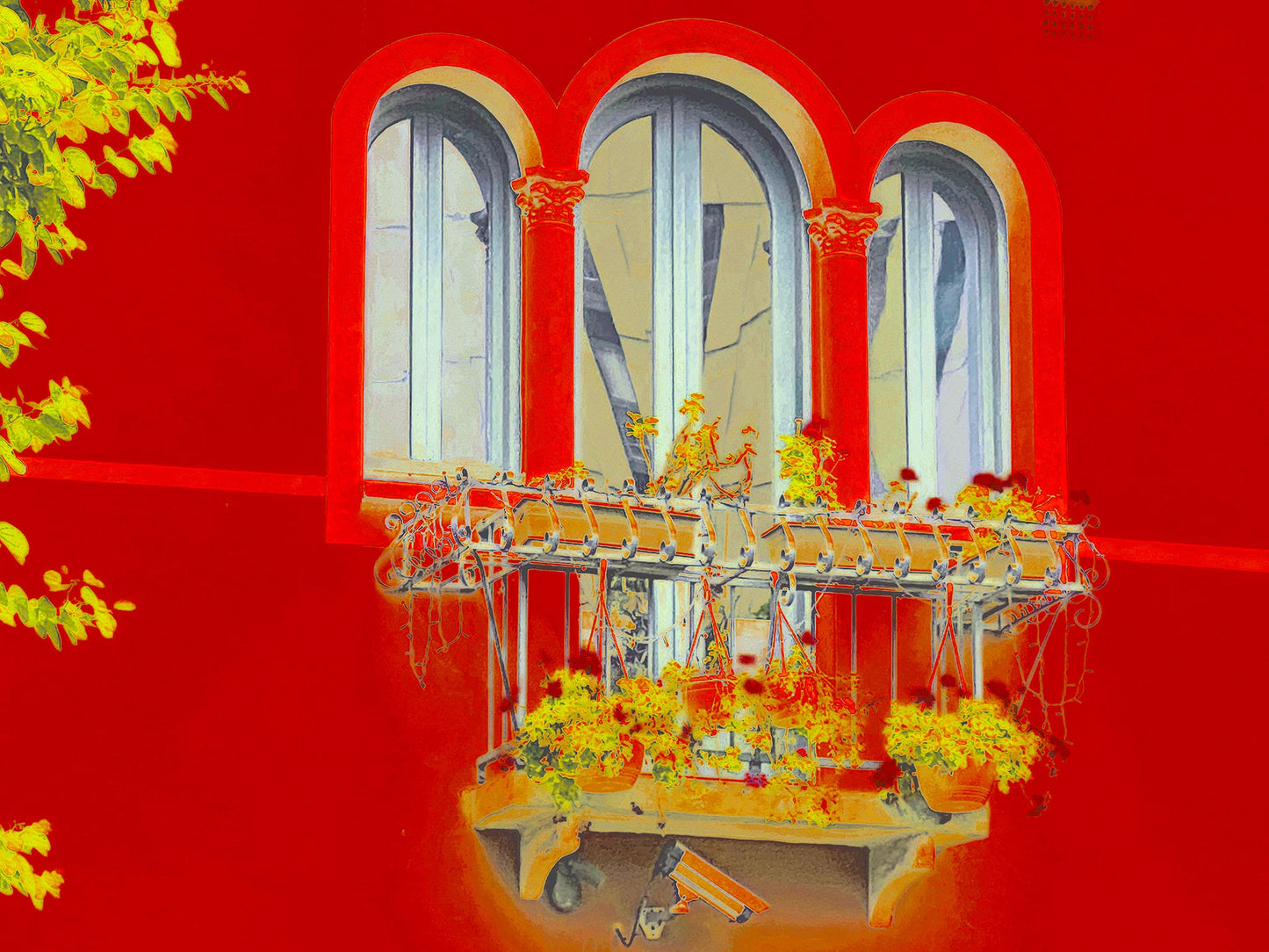 POPscape Sydney - Paddington - Boundary Street Balcony - 218154v21 - 90x67.5cm, Stylised image of a red-painted building with arched windows and an ornate iron balcony filled with yellow flowers. Bright Pop Art colour treatment with architectural detail.