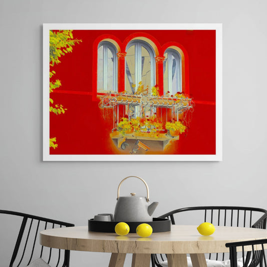 POPscape Sydney - Paddington - Boundary Street Balcony - 218154v21 - Room View, Stylised image of a red-painted building with arched windows and an ornate iron balcony filled with yellow flowers. Bright Pop Art colour treatment with architectural detail.
