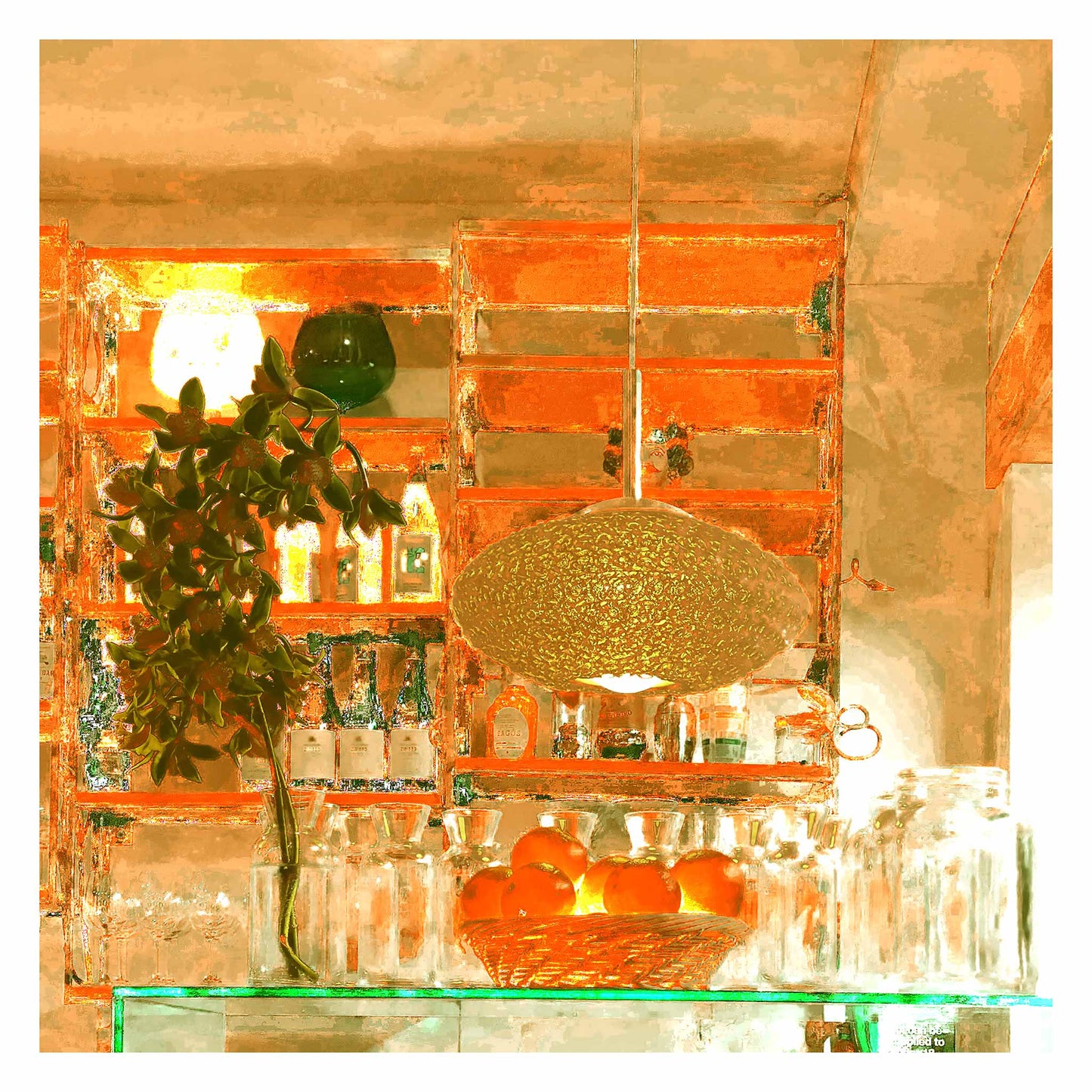 POPscape Sydney - Paddington - Zafferano Trattoria Mediterranea - 226926v1 - 104x104cm, Stylised interior image of a Mediterranean restaurant bar scene, featuring glowing oranges, glass carafes, bottles, hanging pendant light, and a warm orange-toned colour palette with retro modern textures.