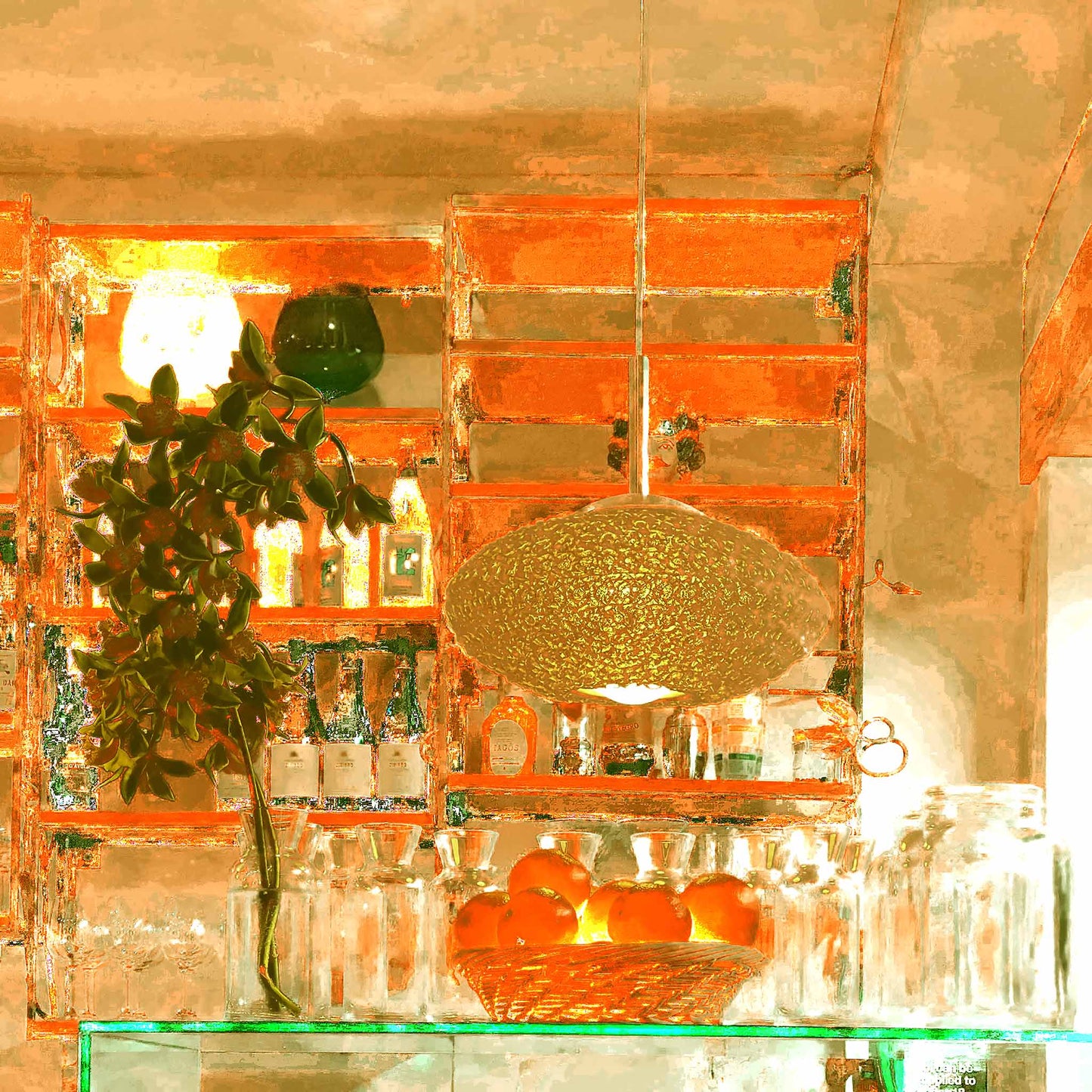 POPscape Sydney - Paddington - Zafferano Trattoria Mediterranea - 226926v1 - 90x90cm, Stylised interior image of a Mediterranean restaurant bar scene, featuring glowing oranges, glass carafes, bottles, hanging pendant light, and a warm orange-toned colour palette with retro modern textures.