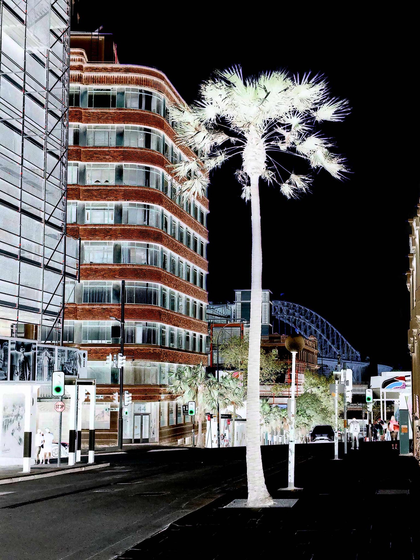 POPscape Sydney - Pitt Street - Palm - 229180v3b - 67.5x90cm, Stylised scene of Pitt Street, Sydney, featuring a glowing palm tree in the foreground, modern buildings, streetlights, pedestrians, and a glimpse of the Harbour Bridge in high-contrast inverted tones.