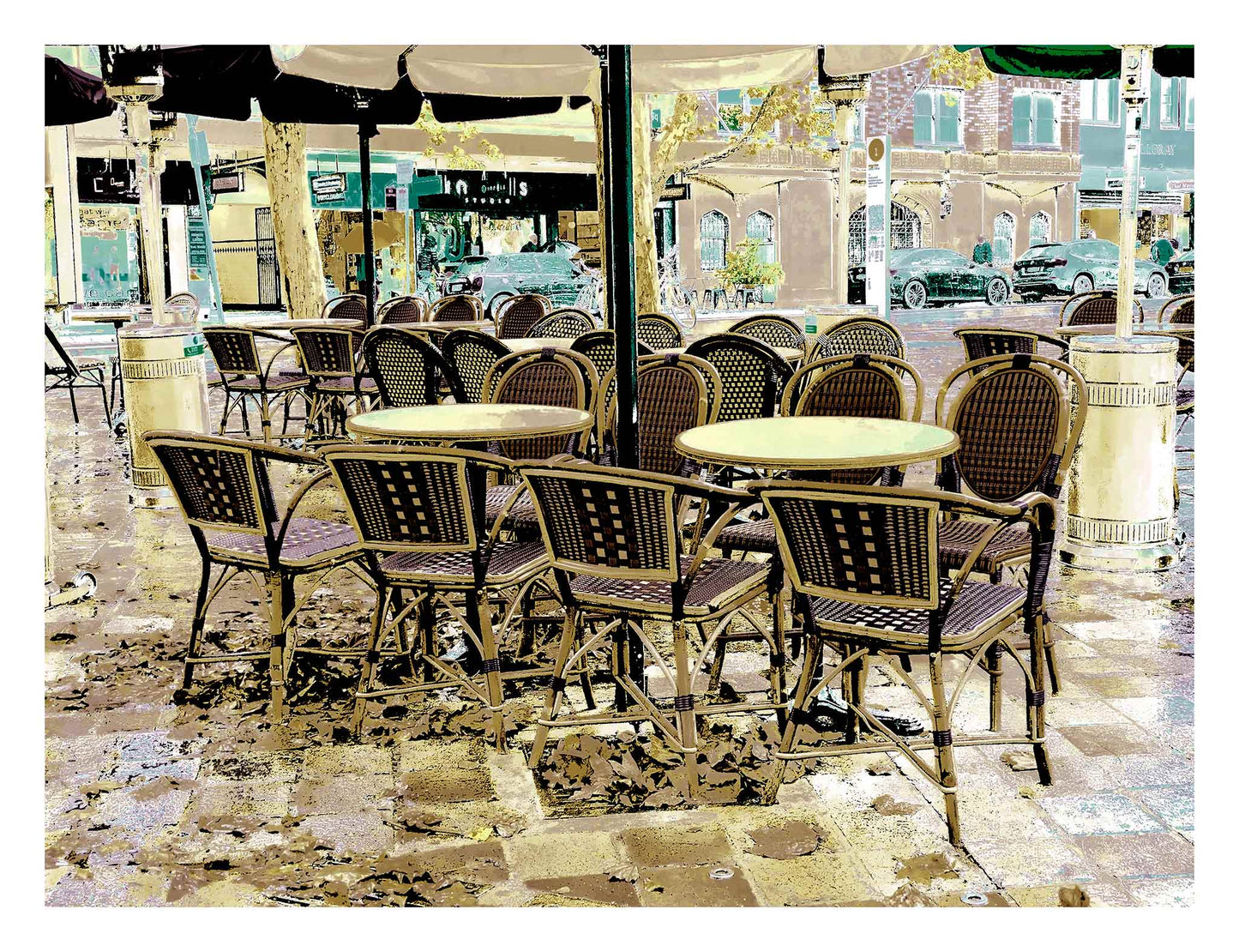 POPscape Sydney - Potts Point - Cafe Chairs - 201709v6 - 104x81.5cm, Stylised image of an empty outdoor café scene in Potts Point, Sydney. Rows of woven chairs and round tables sit on a damp pavement, rendered in a warm-toned Pop Art colour treatment.
