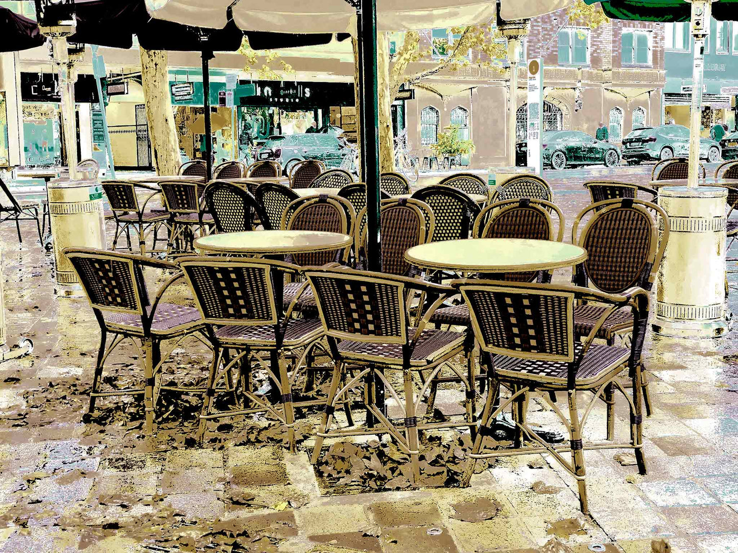 POPscape Sydney - Potts Point - Cafe Chairs - 201709v6 - 90x67.5cm, Stylised image of an empty outdoor café scene in Potts Point, Sydney. Rows of woven chairs and round tables sit on a damp pavement, rendered in a warm-toned Pop Art colour treatment.
