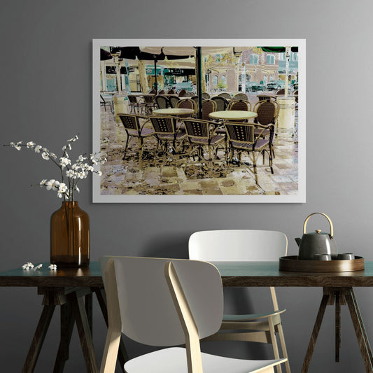 POPscape Sydney - Potts Point - Cafe Chairs - 201709v6 - Room View, Stylised image of an empty outdoor café scene in Potts Point, Sydney. Rows of woven chairs and round tables sit on a damp pavement, rendered in a warm-toned Pop Art colour treatment.