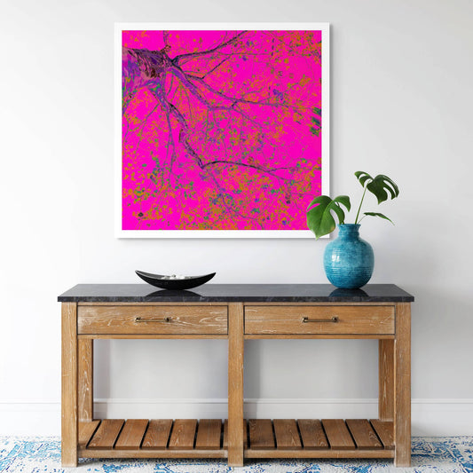 POPscape Sydney - Potts Point - Tree - 203898v20 - Room View, Stylised image of a tree viewed from below, its dark branches stretching across a vibrant hot pink background. Pop Art-inspired colour palette with neon accents and organic detail.