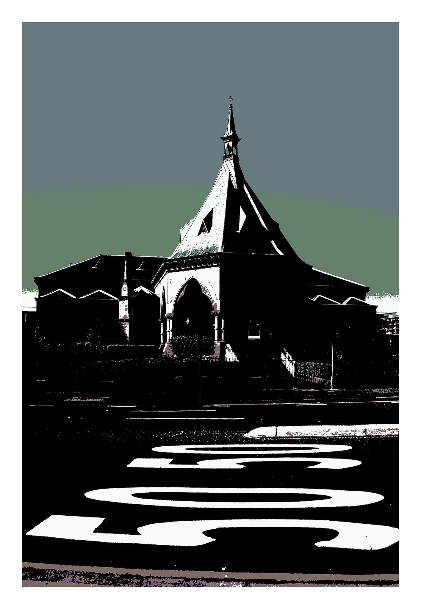 POPscape Sydney - Railway - Mortuary Station - 1906016v50b - 74x104cm, Stylised image of Sydney’s Mortuary Station with gothic architecture under a muted green-grey sky. Large white painted road text dominates the foreground. High-contrast Pop Art treatment.
