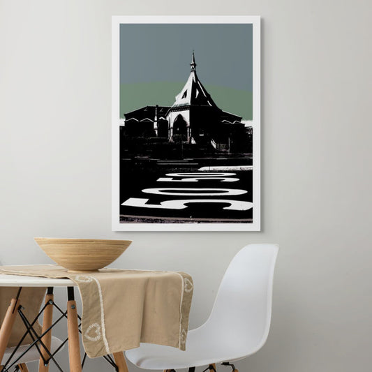 POPscape Sydney - Railway - Mortuary Station - 1906016v50b - Room View, Stylised image of Sydney’s Mortuary Station with gothic architecture under a muted green-grey sky. Large white painted road text dominates the foreground. High-contrast Pop Art treatment.