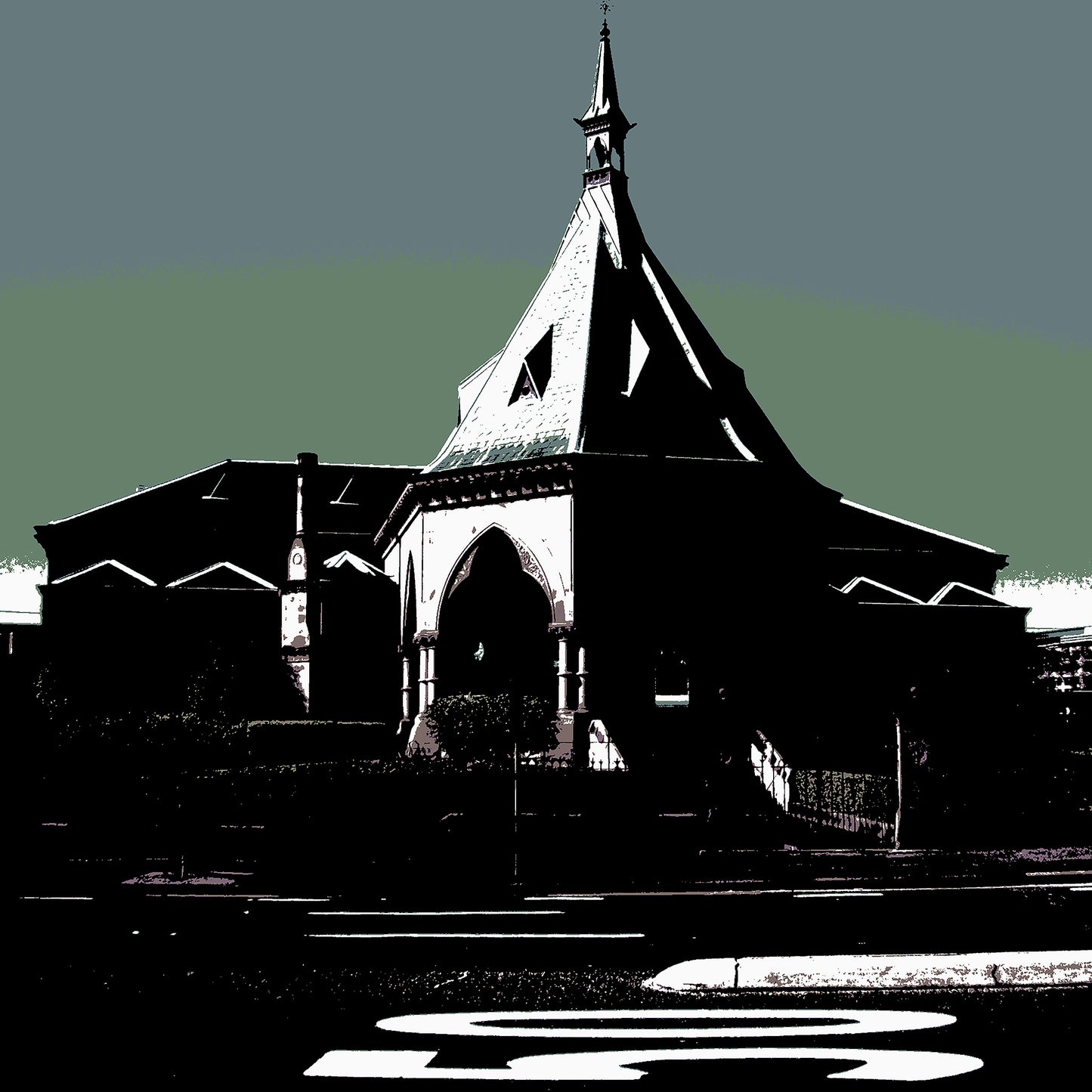 POPscape Sydney - Railway - Mortuary Station - 1906016v50b - Close Detail View, Stylised image of Sydney’s Mortuary Station with gothic architecture under a muted green-grey sky. Large white painted road text dominates the foreground. High-contrast Pop Art treatment.