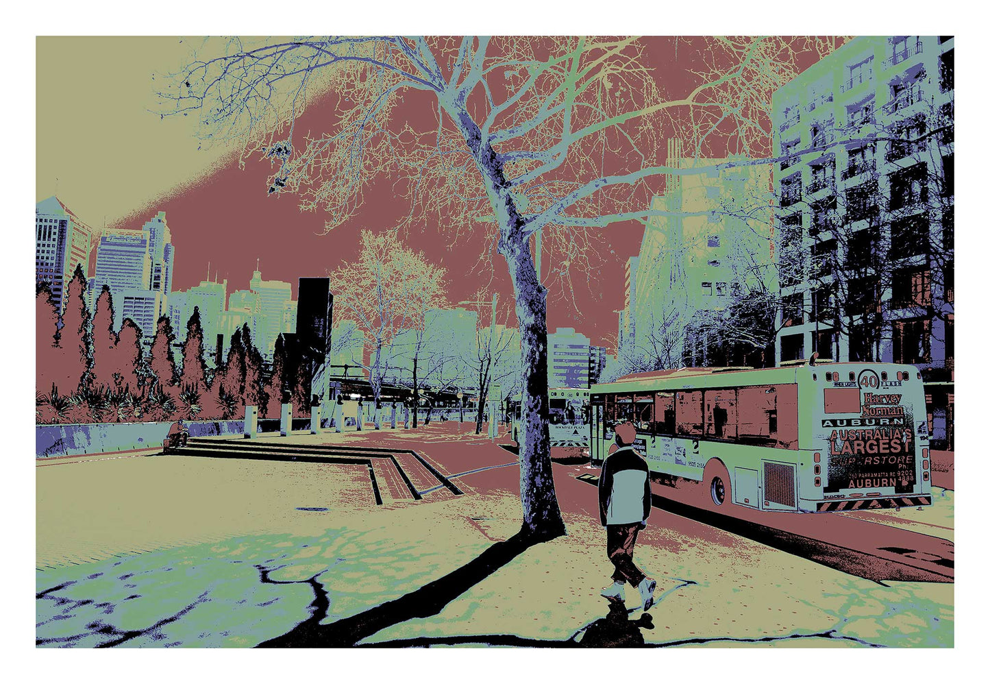 POPscape Sydney - Railway Square - Bus - 1906051v12 - 104x74cm, Stylised street scene of Railway Square, Sydney, with a lone pedestrian walking past a bus under leafless trees. High-contrast Pop Art palette with surreal urban tones and architectural detail.