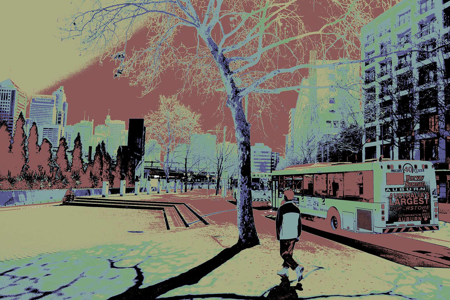 POPscape Sydney - Railway Square - Bus - 1906051v12 - 90x60cm, Stylised street scene of Railway Square, Sydney, with a lone pedestrian walking past a bus under leafless trees. High-contrast Pop Art palette with surreal urban tones and architectural detail.