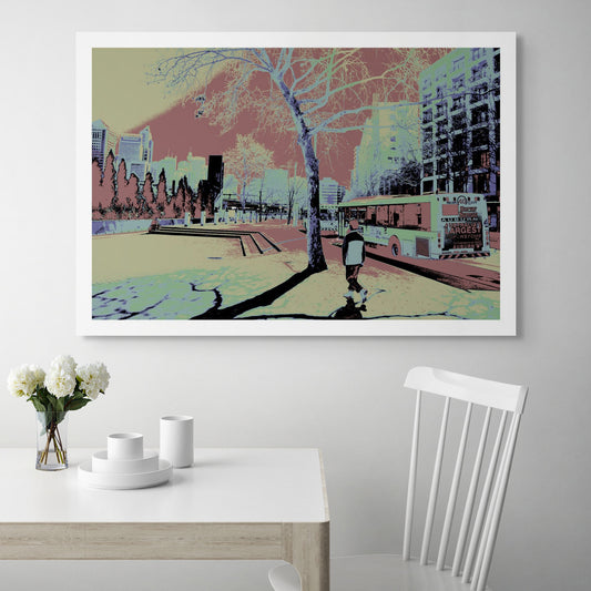 POPscape Sydney - Railway Square - Bus - 1906051v12 - Room View, Stylised street scene of Railway Square, Sydney, with a lone pedestrian walking past a bus under leafless trees. High-contrast Pop Art palette with surreal urban tones and architectural detail.