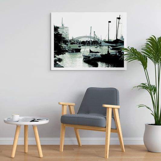 POPscape Sydney - Rushcutters Bay Darling Point - Harbour Bridge - 208507v5 - Room View, Stylised harbour scene with moored yachts in the foreground and Sydney Harbour Bridge in the background, rendered in soft green and monochrome tones with urban and nautical detail.