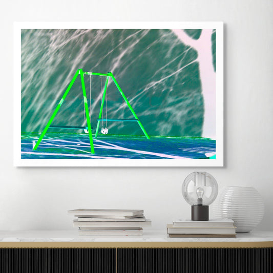 POPscape Sydney - Swings in the Park - 1906018v10 - Room View, Stylised image of a vivid green swing set in an empty park. Dramatic shadows and abstract light patterns create a surreal, graphic background. Minimalist Pop Art composition with nostalgic undertones.
