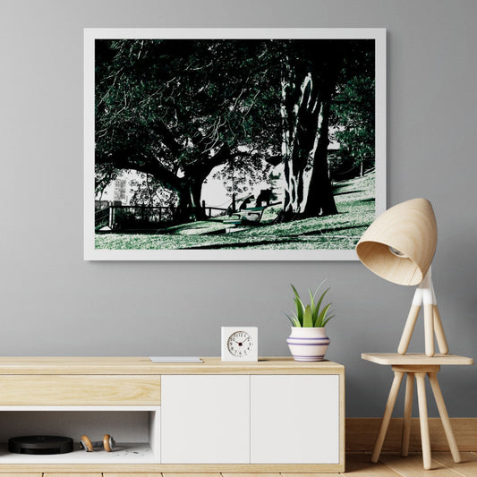 POPscape Sydney - Mrs Macquaries Point - 192497-4v6a - Room View, Stylised image of large fig trees and park benches at Mrs Macquaries Point, Sydney, with strong shadows and contrast in deep green and black tones, and glimpses of the harbour skyline in the distance.