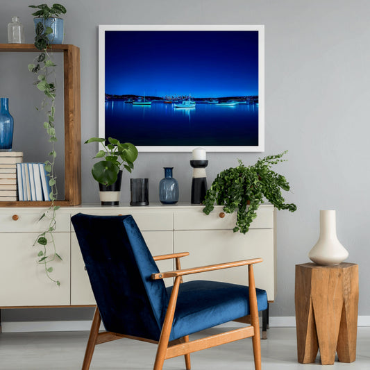 POPscape Sydney - Watsons Bay - Boats Night - 100970v2b3 - Room View, Stylised night photograph of illuminated boats floating in Watsons Bay, Sydney. Deep blue tones and glowing highlights reflect on calm water under a star-speckled sky. Pop Art-style treatment with dreamlike vibrancy.