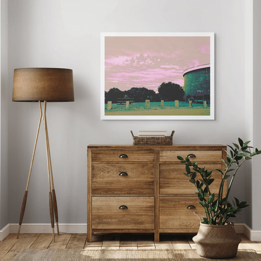 Vivid Country - Sawtell - Boambee Headland Lookout - 2993v1054 - Room View, Stylised fine art image of Boambee Headland Lookout, featuring a curved concrete water tower, picnic table, and soft pink and green sky with trees and bollards in the foreground.