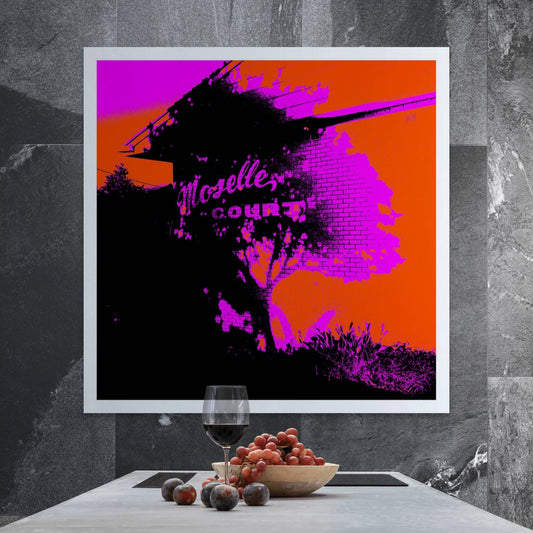 Vivid Country - Sawtell - Moselle Court - 1629v1016a - Room View, Pop-inspired fine art print of a suburban brick building in Sawtell with the words "Moselle Court" visible, rendered in vivid pink, red, and black tones with stylised shadow and tree detail.