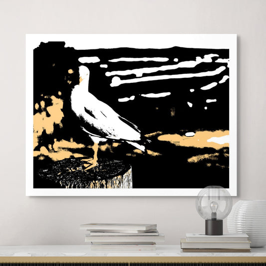 Vivid Country - Sawtell - Seagull - Bonville Headland Lookout - E1692v18a - Room View, Graphic-style fine art print of a seagull standing on a timber post at Bonville Headland Lookout, Sawtell, with golden tones and abstracted ocean lines in the background.