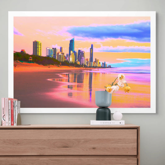 Vivid Country - Gold Coast Surfers Paradise Sunrise - 9785v31 - Room View, a pastel-hued sunrise over Surfers Paradise, with the skyline reflected on wet sand in bold pinks, golds, and blues.
