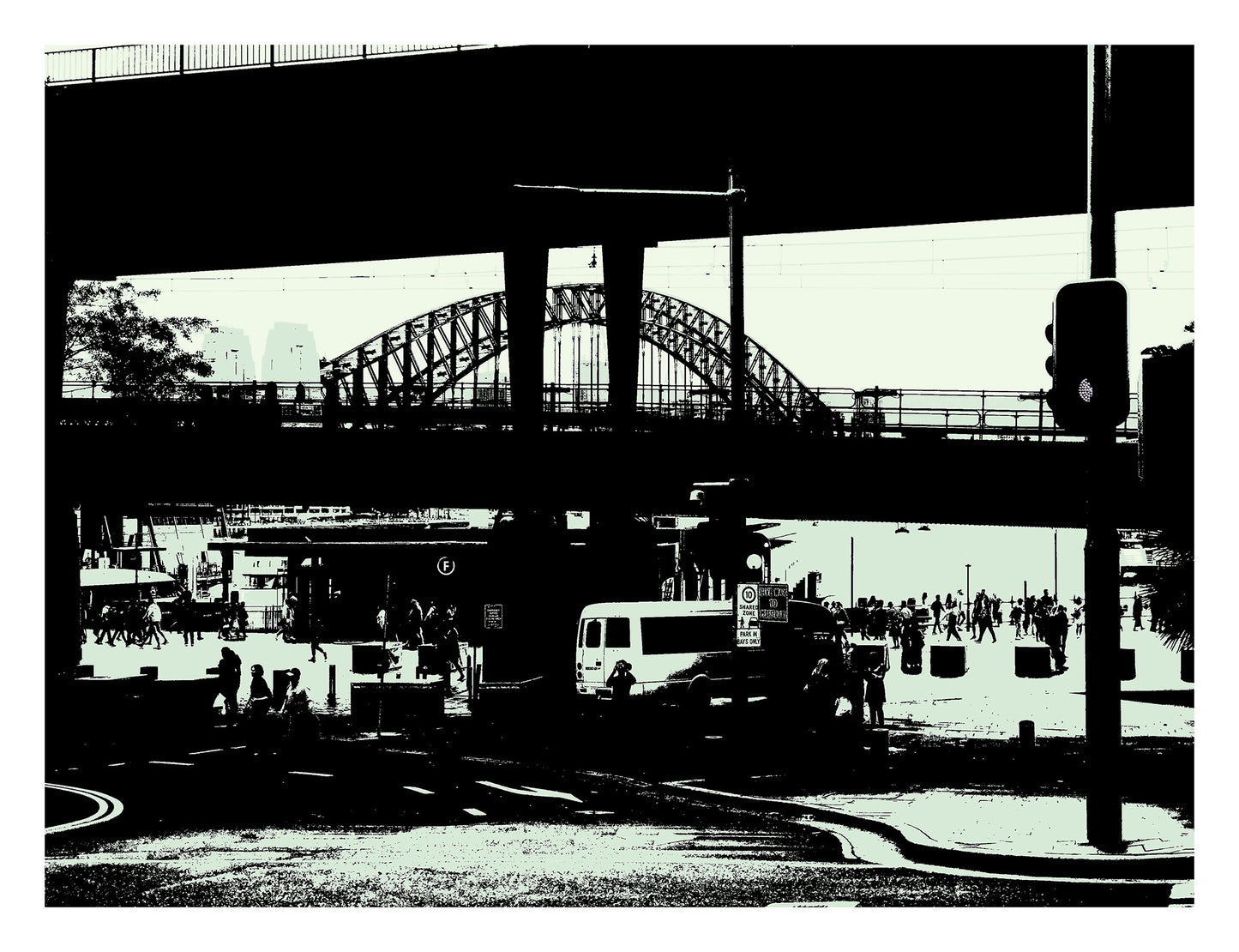 POPscape Sydney - Circular Quay 9247v3 - 104x81.5cm, monochrome high contrast Pop Arty style, Sydney Harbour Bridge, fine art print.
