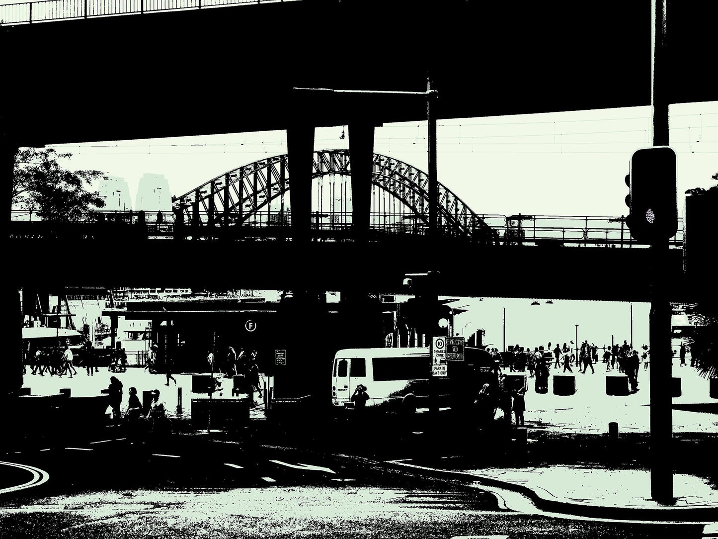 POPscape Sydney - Circular Quay 9247v3 - 90x67.5cm, monochrome high contrast Pop Arty style, Sydney Harbour Bridge, fine art print.