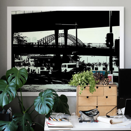 POPscape Sydney - Circular Quay 9247v3 - Room View, monochrome high contrast Pop Arty style, Sydney Harbour Bridge, fine art print.