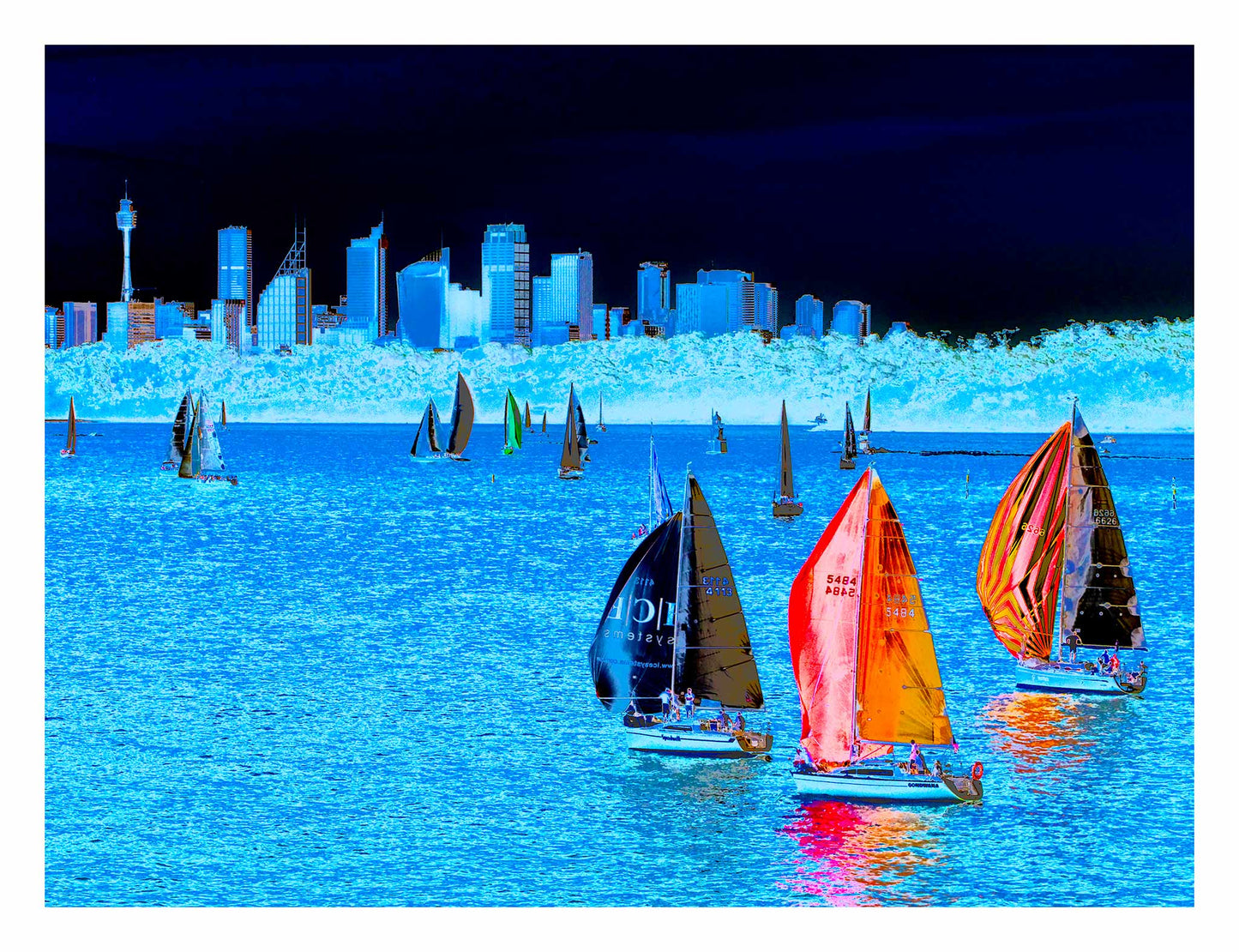 POPscape Sydney - Sydney Harbour Boats Watsons Bay 1483v4-10 - 104x81.5cm, deep blue Pop Art scene with sailboats and city skyline, limited edition fine art print.