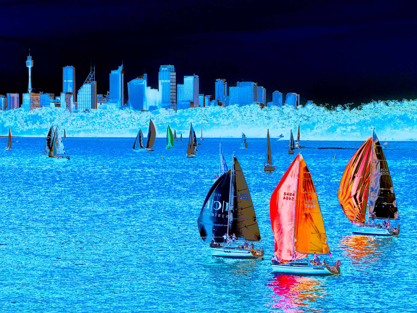 POPscape Sydney - Sydney Harbour Boats Watsons Bay 1483v4-10 - 90x67.5cm, deep blue Pop Art scene with sailboats and city skyline, limited edition fine art print.