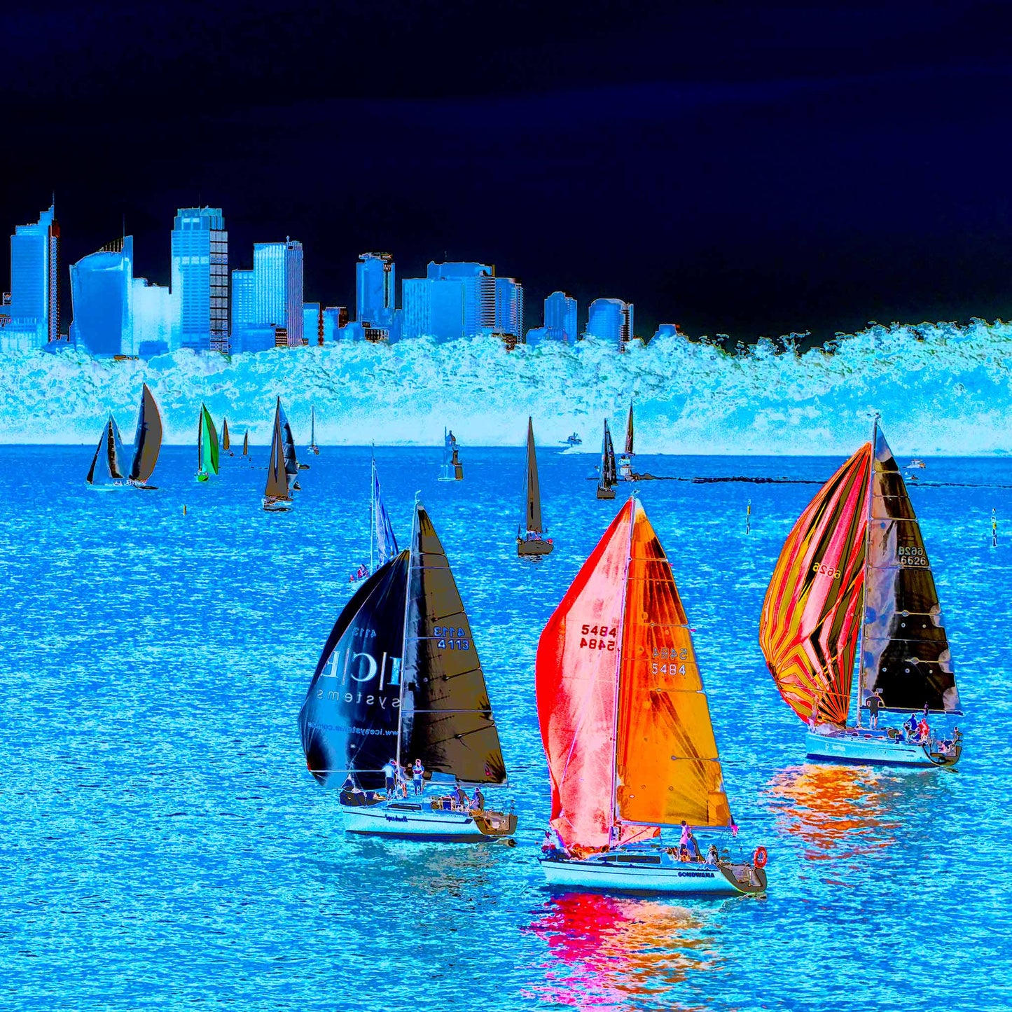 POPscape Sydney - Sydney Harbour Boats Watsons Bay 1483v4-10 - Close Detail View, deep blue Pop Art scene with sailboats and city skyline, limited edition fine art print.