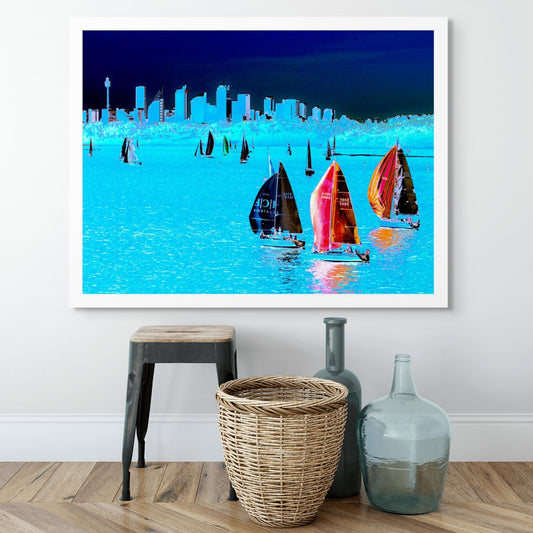 POPscape Sydney - Sydney Harbour Boats Watsons Bay 1483v4-24 - Room View, cyan-blue Pop Art sailboats with vibrant reflections on Sydney Harbour, fine art print.