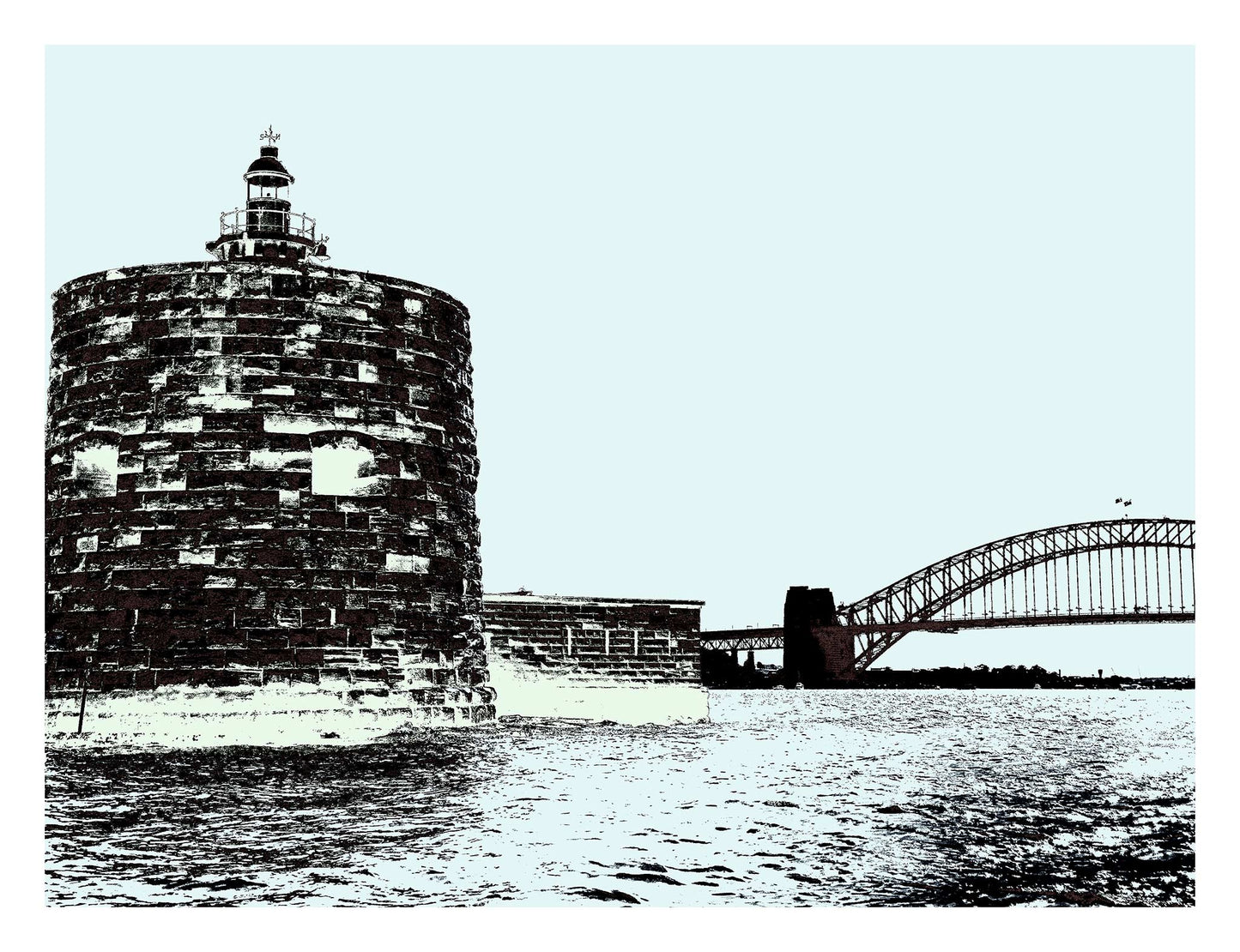 POPscape Sydney - Harbour Pinch Gut 9617v16a - 104x81.5cm, high contrast black and white Pop Art Sydney Harbour Pinch Gut with bridge, limited edition fine art print.