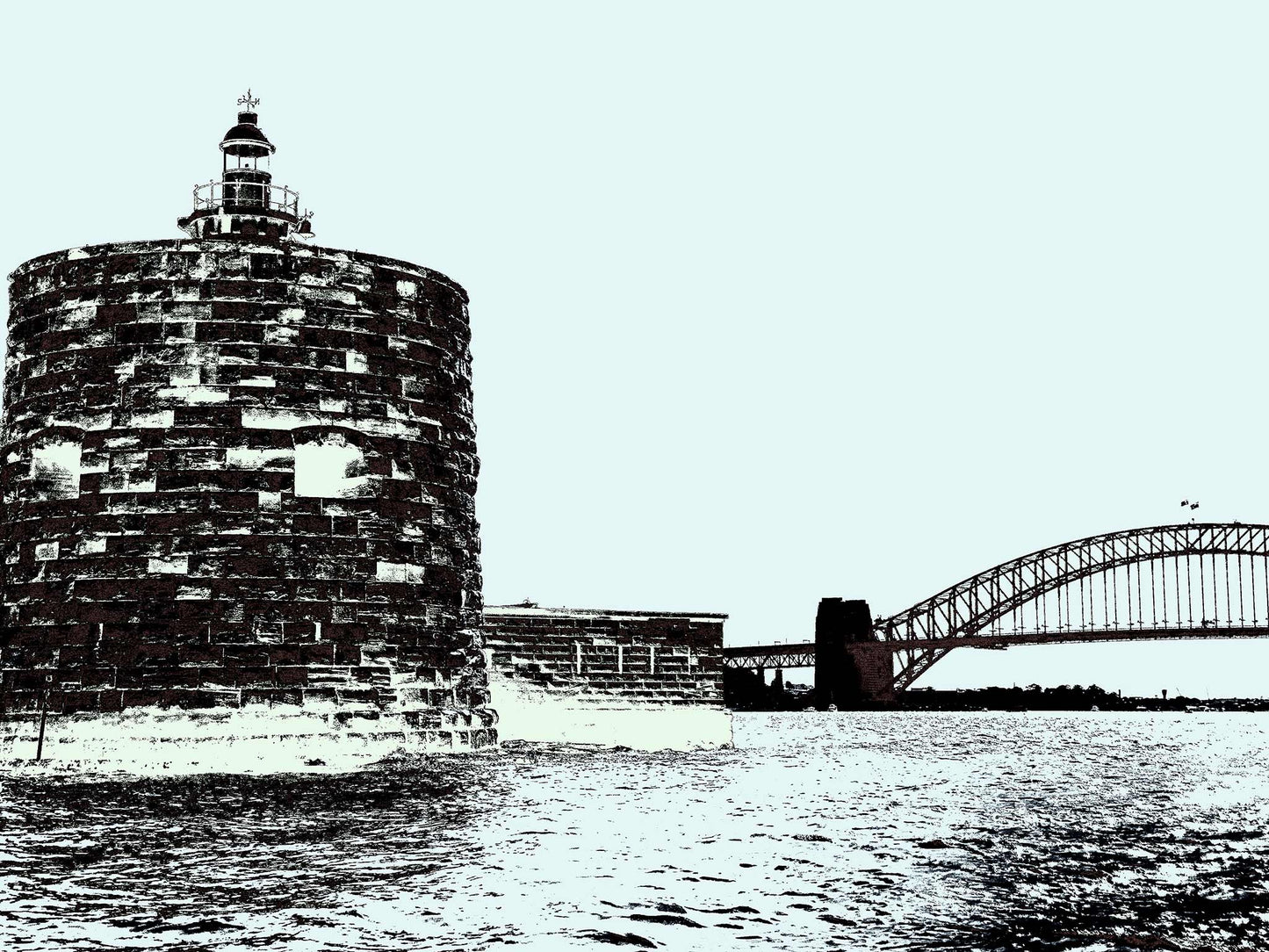 POPscape Sydney - Harbour Pinch Gut 9617v16a - 90x67.5cm, high contrast black and white Pop Art Sydney Harbour Pinch Gut with bridge, limited edition fine art print.