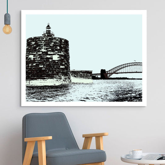 POPscape Sydney - Harbour Pinch Gut 9617v16a - Room View, high contrast black and white Pop Art Sydney Harbour Pinch Gut with bridge, limited edition fine art print.